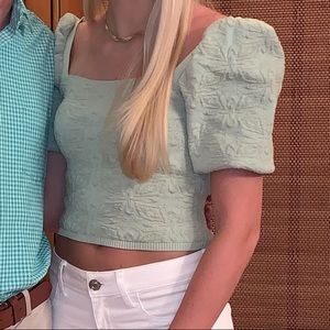 Zara jacquard green puff sleeve top